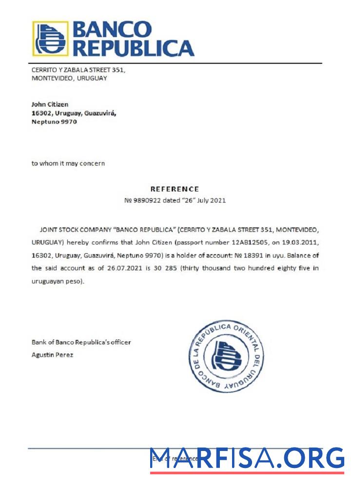 Blank Uruguay Banco República reference real example